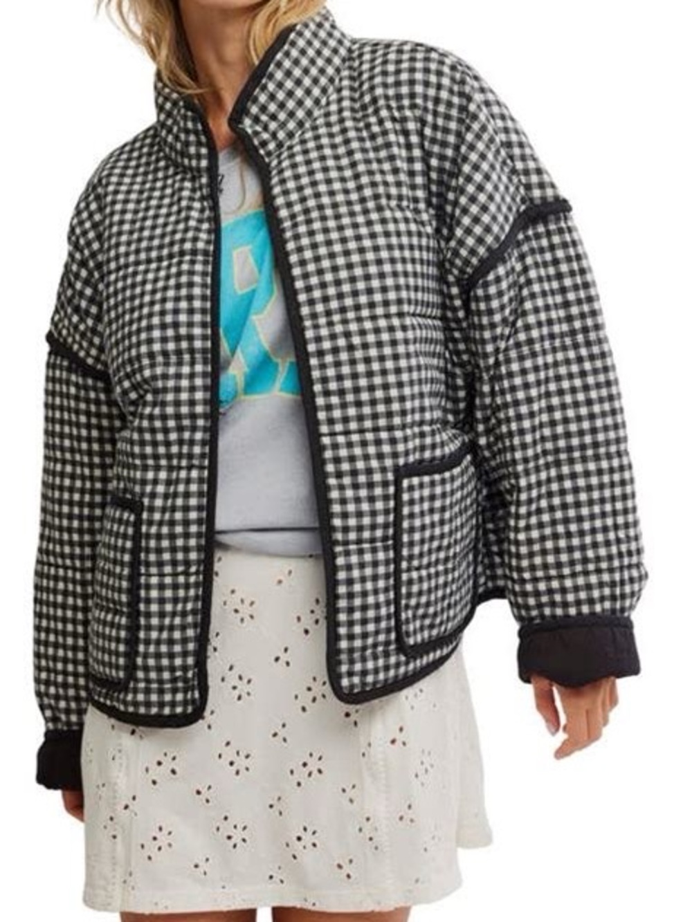 Free People Chloe Gingham Jacket Black White New with Tags